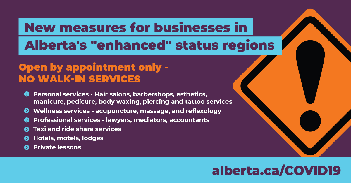 Some businesses services will move to appointment only, and many of these have already taken precautions to operate this way.These include personal services like haircare, esthetics, wellness services, professional services, taxi and rideshare, hotels/motels, & private lessons.