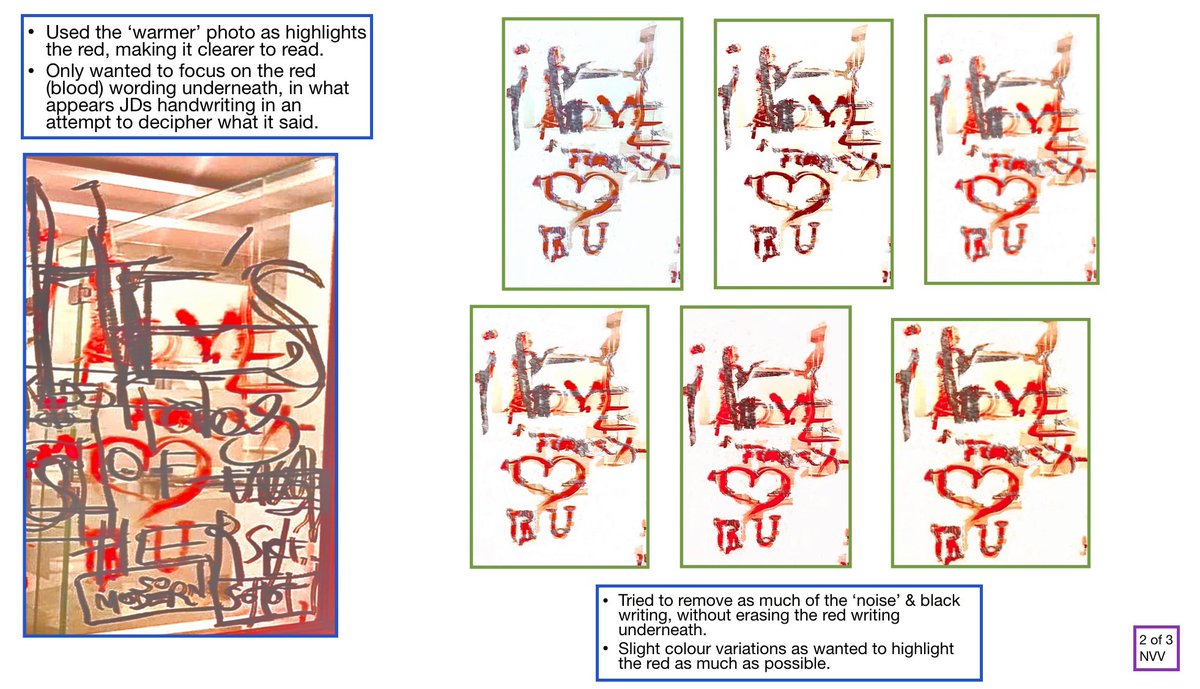minxyleminx's tweet photo. Ok so here’s 1st attempt at deciphering some of the mirror handwriting.
Only looked at the🩸red words written underneath all the other black(and 💄)writing.
Not a professional,just personal opinion. No fancy tools,simply ipad-pro&amp;pencil so apologies if it seems a little ‘rough’. https://t.co/vN3IssImX8