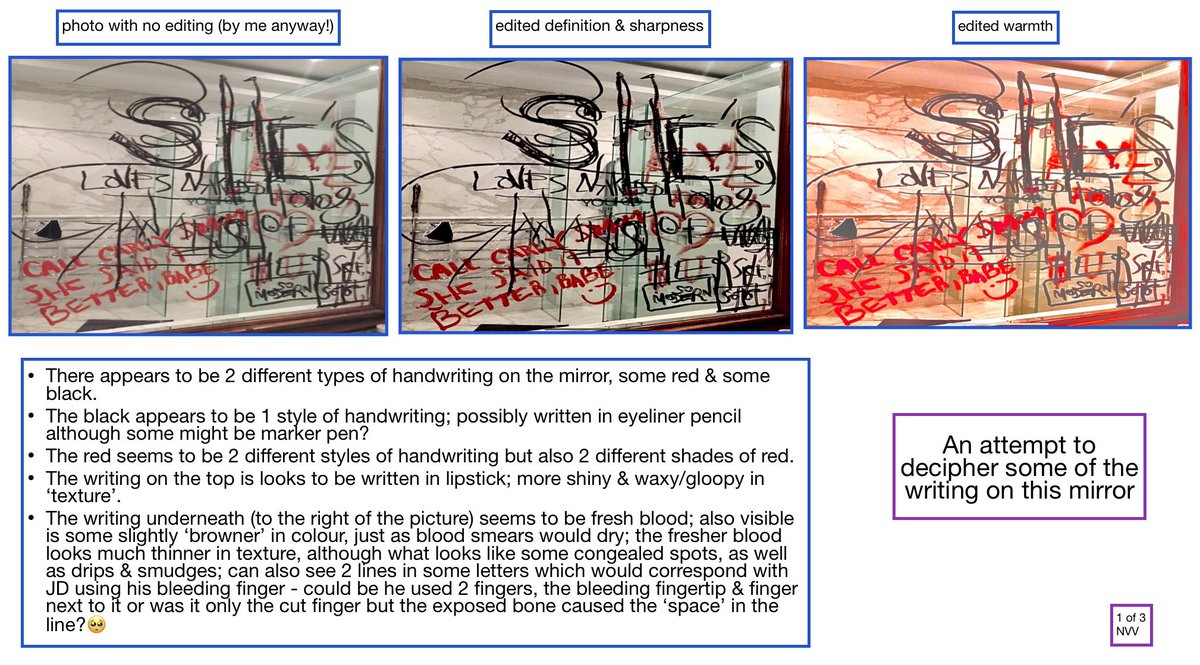 minxyleminx's tweet photo. Ok so here’s 1st attempt at deciphering some of the mirror handwriting.
Only looked at the🩸red words written underneath all the other black(and 💄)writing.
Not a professional,just personal opinion. No fancy tools,simply ipad-pro&amp;pencil so apologies if it seems a little ‘rough’. https://t.co/vN3IssImX8