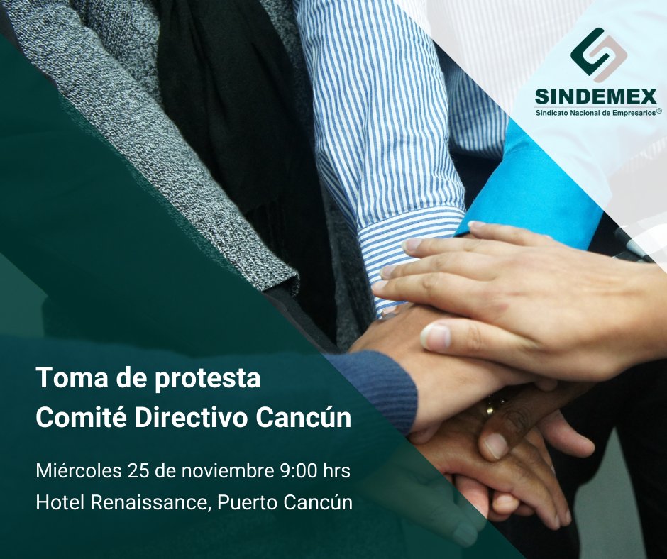 Mañana será un gran día para nuestra organización empresarial #SINDEMEX, pues se llevará a cabo la Toma de Protesta del Comité Directivo Cancún, evento que permite consolidar la estructura y plan de trabajo para seguir transformando la vida empresarial de nuestro país.