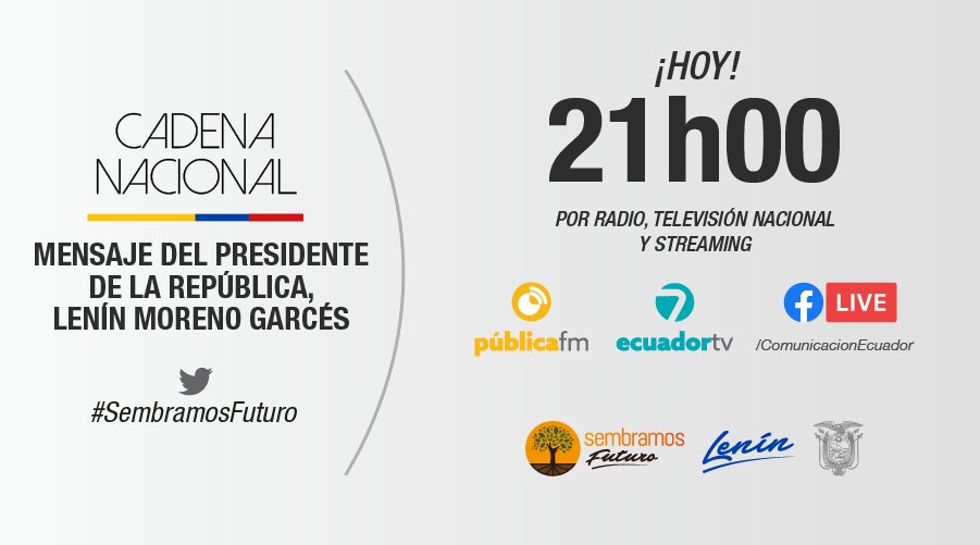 ComunicacionEc's tweet photo. TRANSMISIÓN | No se pierda el mensaje del presidente @Lenin Moreno a la ciudadanía. 

#SembramosFuturo https://t.co/MIz7juoun8
