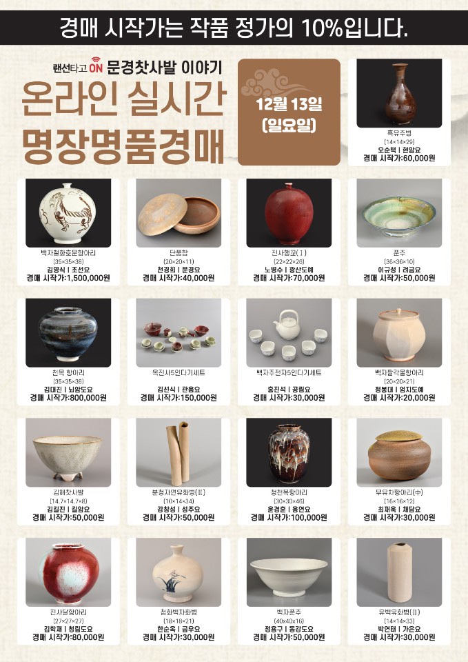 2020 온라인 문경찻사발 축제에서 명품 문경도자기를 저렴한가격으로 경매에 참여할 수 있는기회를 잡아보세요~~
축제홈페이지(sabal21.com)에 접속하셔서 사전신청  클릭~!!