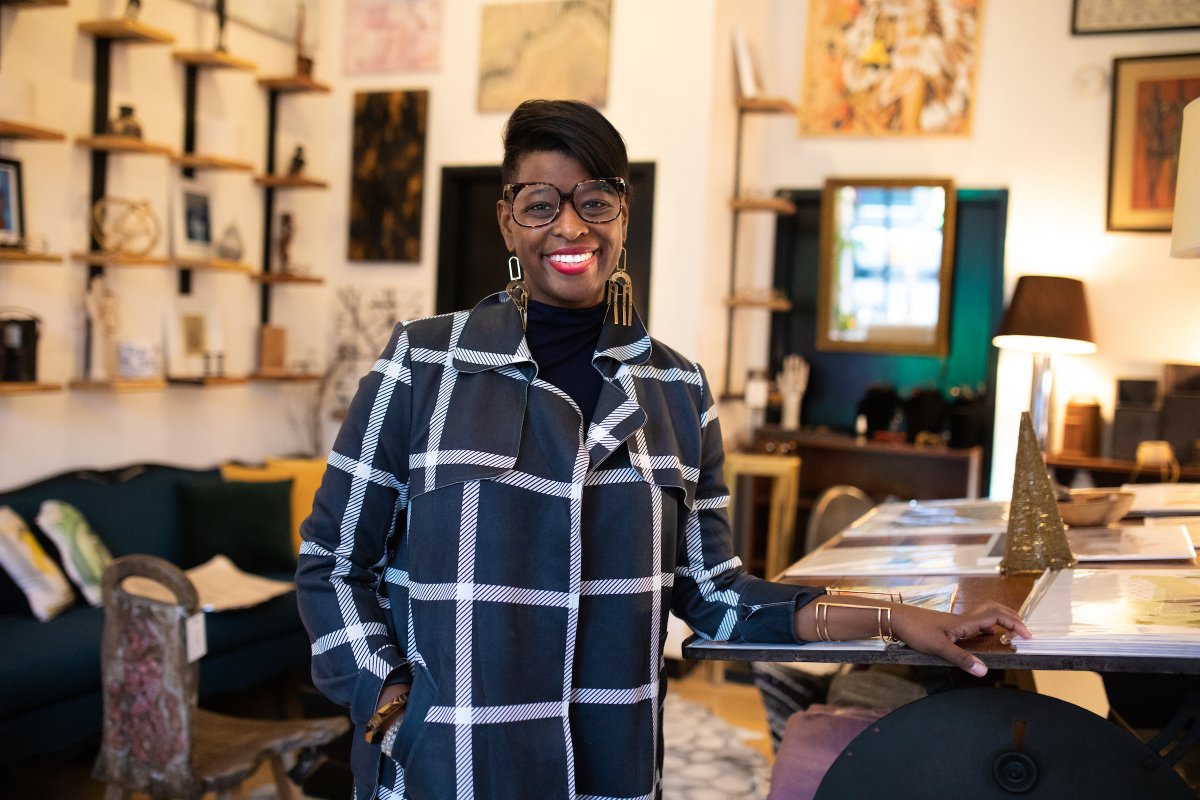 This is a photo gallery featuring portraits of Chicago-area Black-owned business owners. The first photo is Chef Brian Jupiter of Ina Mae’s Tavern and Frontier. The second photo is Nika Vaughn of Plant Salon Chicago. The third photo is Craig Richardson of Batter & Berries. The fourth photo is Shari Currie of Recycled Modern.