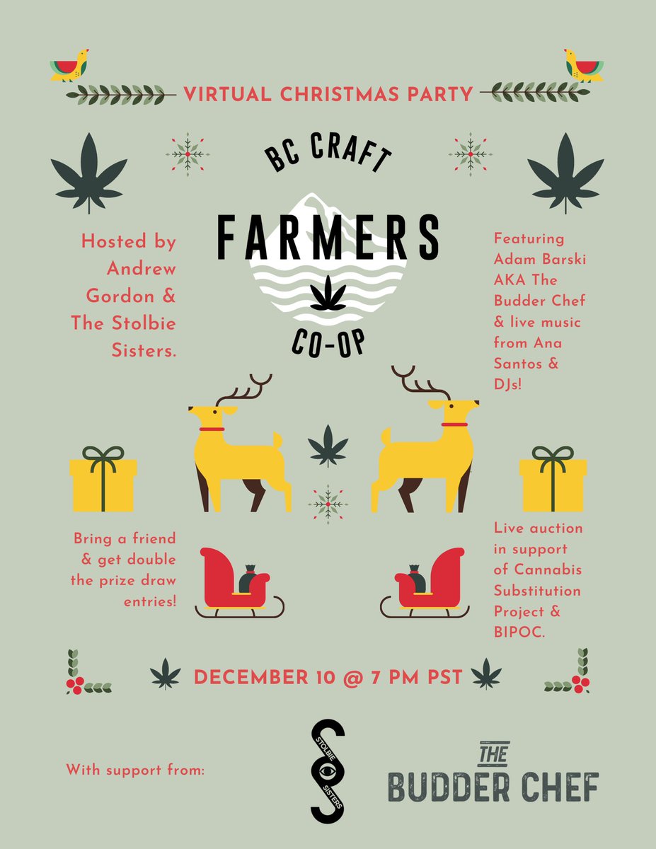 'Tis the season for a Virtual Christmas Party for Members &amp; Supporters. Hosted by <a href="/StolbieSisters/">Stolbie Sisters</a> &amp; Andrew Gordon w/ entertainment from <a href="/TheBudderChef/">The Budder Chef</a>, Ana Stanos + DJs. RSVP: eventbrite.ca/e/bc-craft-far… #BCCraftFarmers