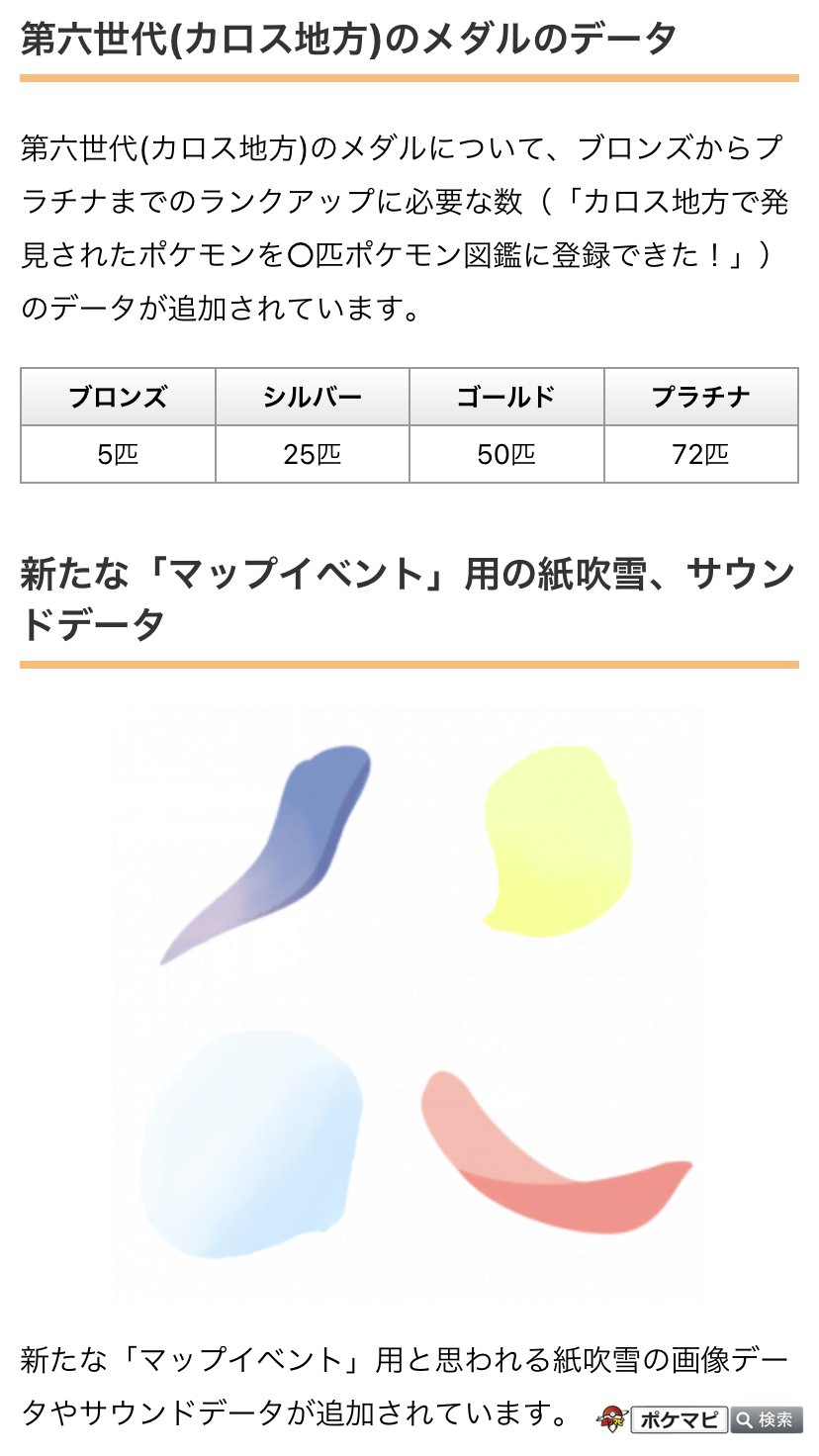 Twitter 上的 ポケモンgo攻略情報 ポケマピ 解析情報 下記データの追加が確認されています 第六世代 カロス地方 関連 ポケモン画像 鳴き声 種族値 技など メダル メガユキノオー 新たなマップイベント用 紙吹雪 Bgm 詳細 T Co