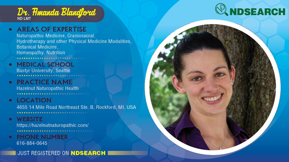 NDsearch's tweet photo. NDsearch is delighted to welcome Dr. Amanda Blandford! Patients can be seen in #Rockford #Michigan for #wholepersonhealth that includes #naturopathictreatments and #MassageTherapy .
#NDsearch @Bastyr https://t.co/UmfIxnv1P0