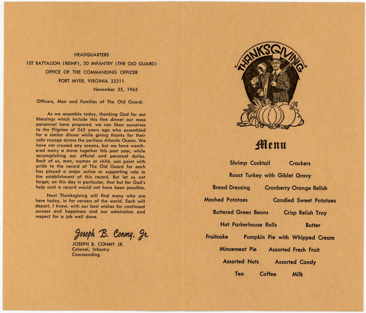 On this Thanksgiving eve, here is a look back at the meal &amp; menu from 55 yrs ago. Here is the menu from 1965 and the meal hosted by Honor Guard Company, 1st Battalion of The Old Guard. Inside is personal message from COL Conmy. 

bit.ly/2JaR37a