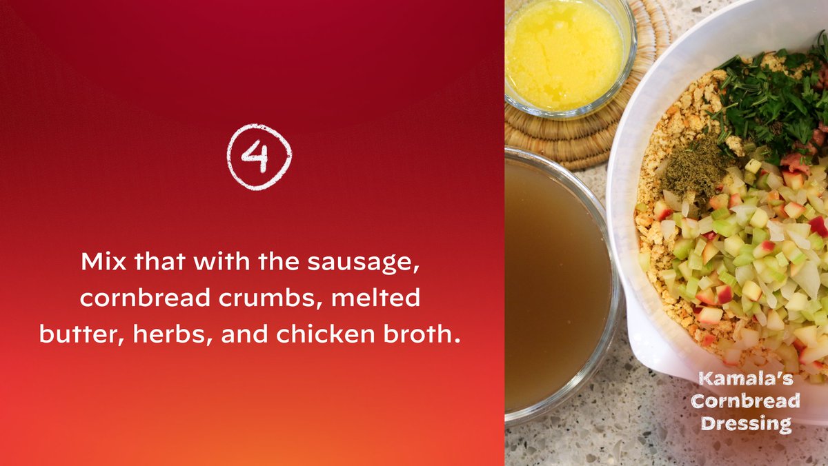 Mix that with the sausage, cornbread crumbs, melted butter, herbs, and chicken broth.