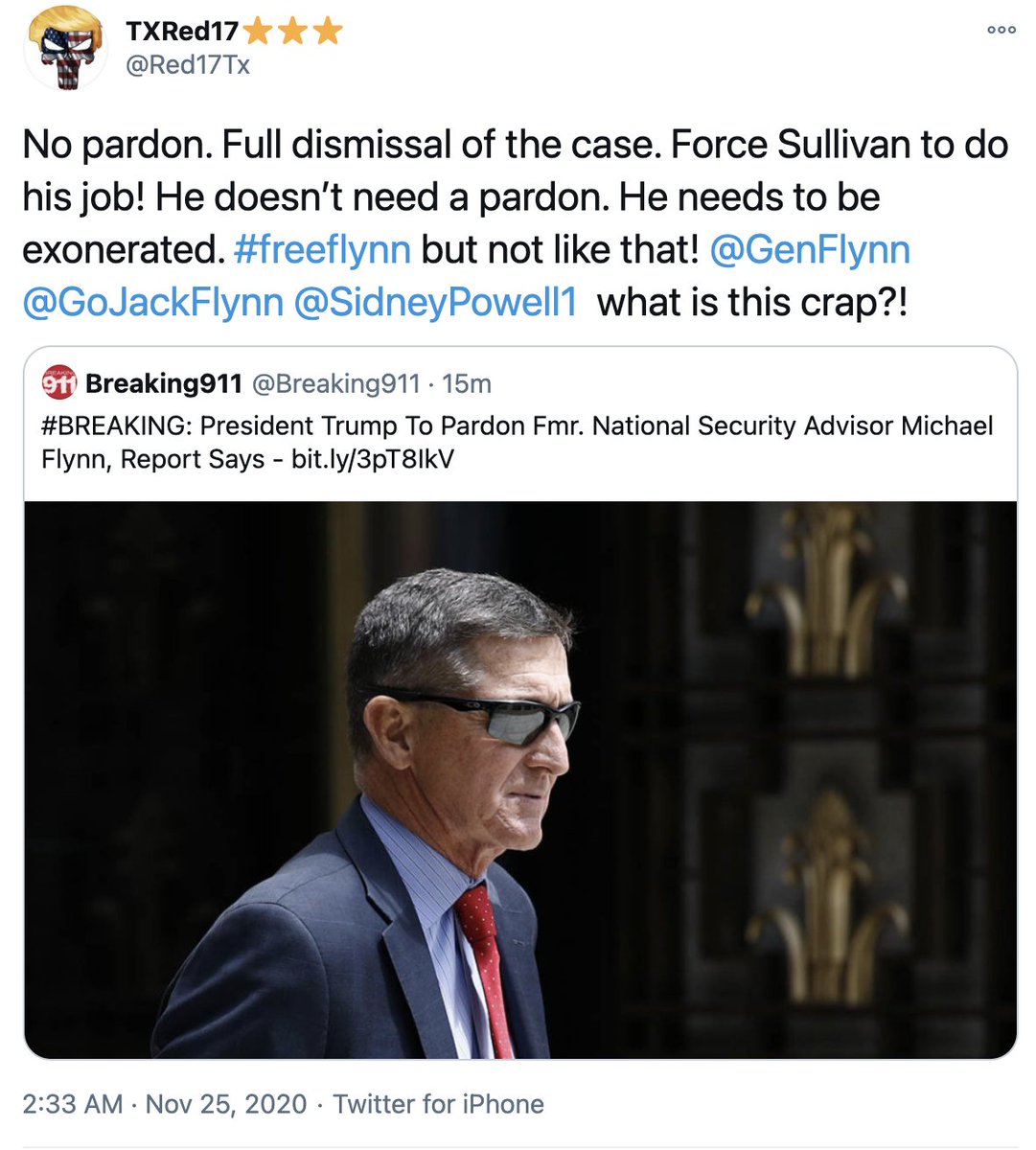 QAnon supporters are excited about the news that President Trump may pardon Gen Michael Flynn, but they think a pardon implies guilt and he should simply be exonerated.Gen Flynn is widely admired by QAnon followers. He took the QAnon "oath" with his family back in the summer.