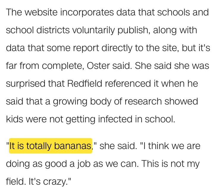 “A Brown University economics professor said she is surprised to hear the director of the US Centers for Disease Control and Prevention is relying on a website she started to promote in-person learning for schoolchildren.” https://amp.cnn.com/cnn/2020/11/24/health/cdc-schools-coronavirus-website-redfield/index.html
