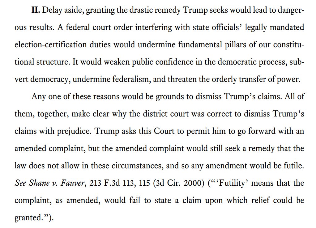 The brief is about remedies. Whatever else is going on with Trump's lawsuit, they say, he can't just overturn the results of an election. That would "subvert democracy, undermine federalism, and threaten the orderly transfer of power."