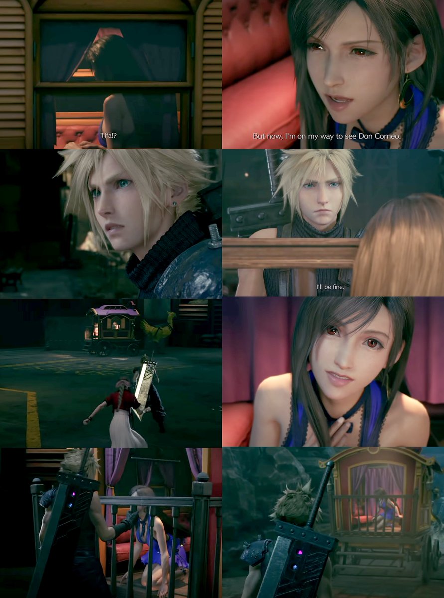 Anyways back to replaying the OG, forgot to add that Aerith is the one who chases after Tifa in the chocobo cart while Cloud follows after. In FF7R C is the one who notices T & chases after her. There's also a new scene of T & C having a convo before T leaves to Don Corneo's