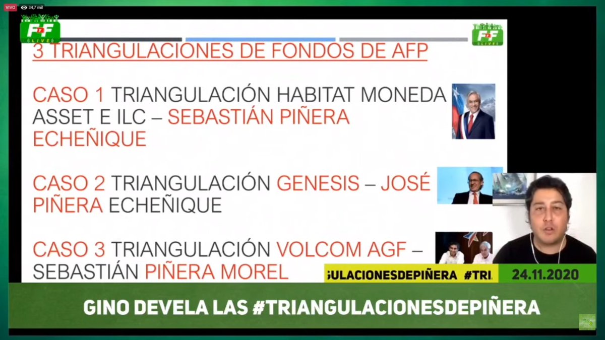 chileconvoca's tweet photo. #AHORA Gino Lorenzini de #FelicesyForrados destapando la mayor estafa de la historia: triple triangulación que vincula a 5 AFP, a las AGF, a José Piñera, al Pdte Piñera y a uno de sus hijos. Por esto quieren boicotear el #SegundoRetiroMV

#RENUNCIAPIÑERA #TriangulacionesDePiñera https://t.co/807Fq9KtpR