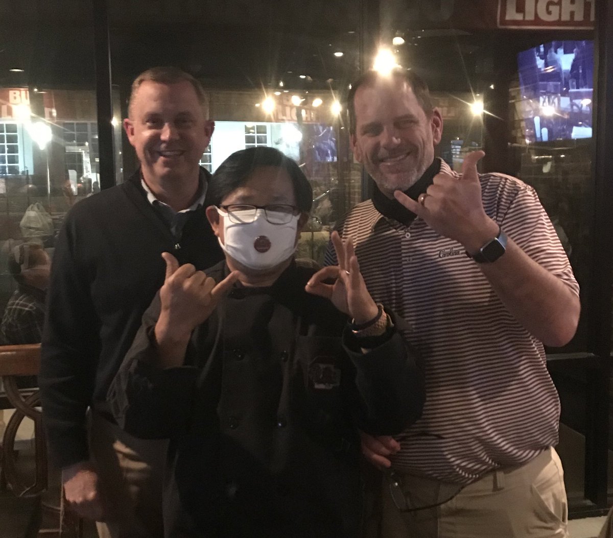 Ben Bowers (@benbowers33) on Twitter photo A message from <a href="/TKOriental/">TK Oriental Kitchen</a>:
MIGHTY GAMECOCK football team will beat bulldogs under Williams Brice’s bright lights on Saturday night. It is going to be Spectacular game. BELIEVE forever to thee y’all.
Sam with <a href="/CoachMikeBobo/">Coach Mike Bobo</a> and <a href="/DScottGamecocks/">Derek Scott</a> A message from <a href="/TKOriental/">TK Oriental Kitchen</a>:
MIGHTY GAMECOCK football team will beat bulldogs under Williams Brice’s bright lights on Saturday night. It is going to be Spectacular game. BELIEVE forever to thee y’all.
Sam with <a href="/CoachMikeBobo/">Coach Mike Bobo</a> and <a href="/DScottGamecocks/">Derek Scott</a>