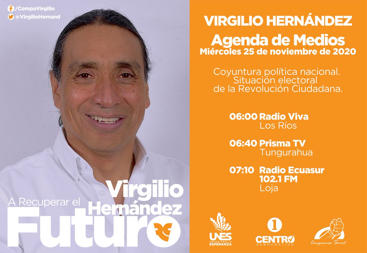 RC5Oficial's tweet photo. #VirgilioEnMedios🎙| Este 25 de noviembre, acompañemos a nuestro compañero @virgiliohernand en esta ruta de información, en la que hablará de la coyuntura nacional y la situación electoral de la #RC.
06:00 📻@Radio_Viva
06:40 📺#PrismaTV
07:10 📻@ecuasurfm
¡Pasa la voz! https://t.co/bTAI7CbxWJ