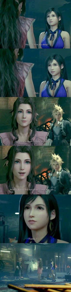 In OG, Tifa & Aerith have a short intro where A reveals she was the one T saw at the playground with Cloud. A assumes T was thinking something was up and assures her they just met so nothing happened, T counters that Cloud is just a childhood friend. This convo was cut from FF7R.