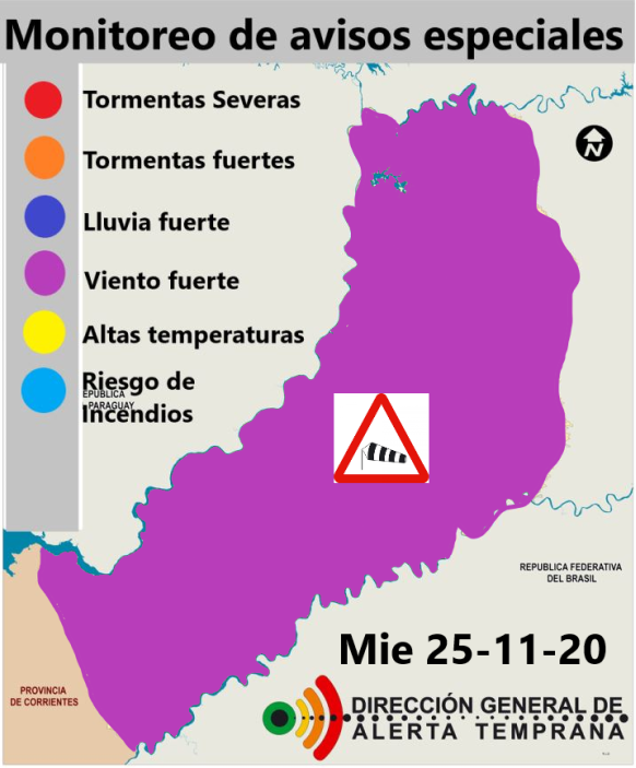 AT_Misiones's tweet photo. Advertencias meteorológicas para este día. Viento fuerte entre 50 y 70 km/h del cuadrante norte, riesgo de incendios en valores extremos, altas temperaturas 37 y 41°C. Ante situación de emergencia llamar a Defensa Civil 103 https://t.co/Ht1xwnYSUE