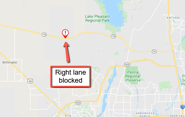ArizonaDOT's tweet photo. State Route 74 eastbound near Quintero Lane at milepost 14: A crash is blocking the right lane.
#phxtraffic #SR74 https://t.co/HTyCO4xhNf