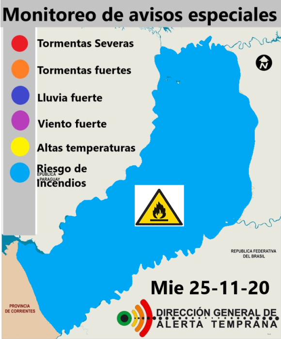 AT_Misiones's tweet photo. Advertencias meteorológicas para este día. Viento fuerte entre 50 y 70 km/h del cuadrante norte, riesgo de incendios en valores extremos, altas temperaturas 37 y 41°C. Ante situación de emergencia llamar a Defensa Civil 103 https://t.co/Ht1xwnYSUE