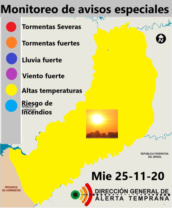 AT_Misiones's tweet photo. Advertencias meteorológicas para este día. Viento fuerte entre 50 y 70 km/h del cuadrante norte, riesgo de incendios en valores extremos, altas temperaturas 37 y 41°C. Ante situación de emergencia llamar a Defensa Civil 103 https://t.co/Ht1xwnYSUE
