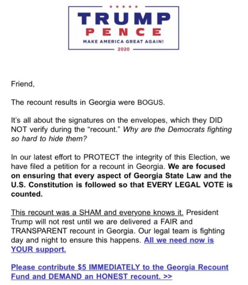 10- Sa volonté de prolonger le combat s’accompagne en coulisses d’une formidable levée de fonds. En moyenne ses supporters reçoivent 15 emails leur demandant de financer le « combat pour la démocratie » de Trump. 15 emails CHAQUE JOUR depuis 21 épisodes ! On le sait, dans