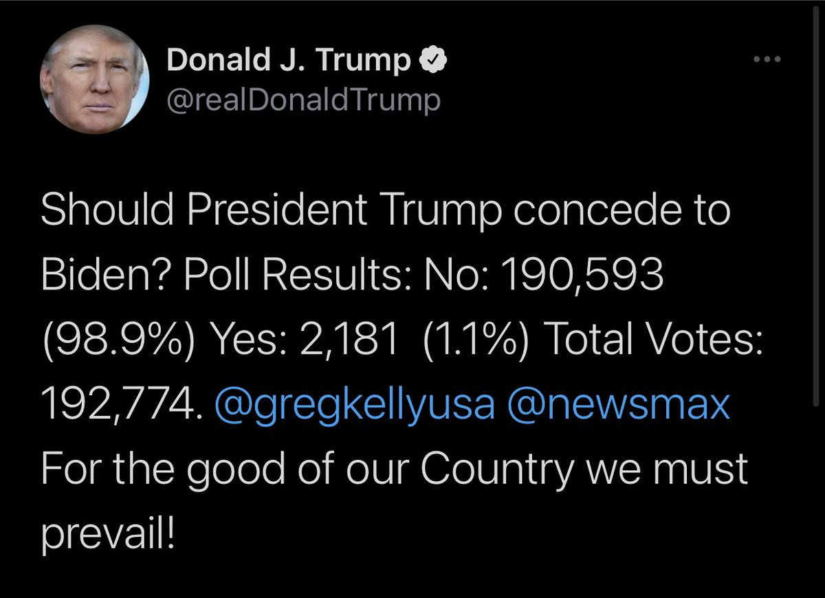 3- avec Trump est supérieur à 6 millions de voix. Ce qui ressemble de plus en plus à une victoire par k.o. Mais Trump continue de faire comme rien n’était. Son dernier tweet ? Un « sondage » Newsmax où seulement 1,1% des votants souhaitent qu’il concède sa défaite. D’abord, vous