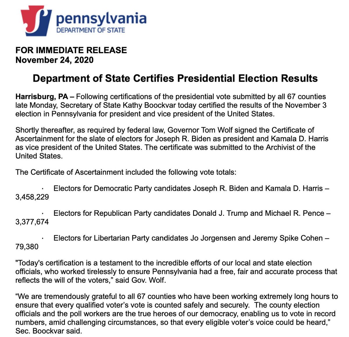 2- fois. Le Nevada qui a également certifié ses résultats. Tout comme la Pennsylvanie (avec une journée de retard). Et puisque vous aimez les chiffres, Biden a franchi la barre des 80 millions d’électeurs. Soit 60 millions de plus que son nombre de followers sur Twitter. L’écart