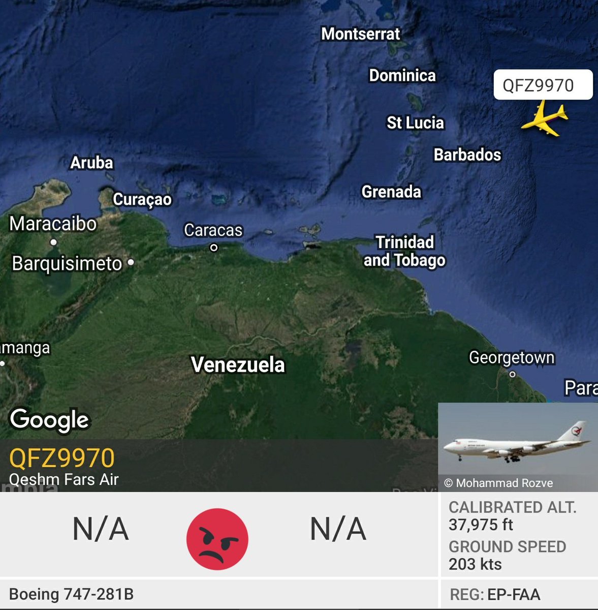 Solo 2 días después d salir d CCS, el sancionado B747 cargo d Qeshm Fars Air EP-FAA relacionado a #IRGC, ya se aproxima a las Antillas Menores al Este de #Venezuela. Es posible q éstos vuelos transporten partes de drones armados según anuncio reciente d Masburro. #QFZ9970 https://t.co/PBIDEeaAdc https://t.co/8zU8YkzodE