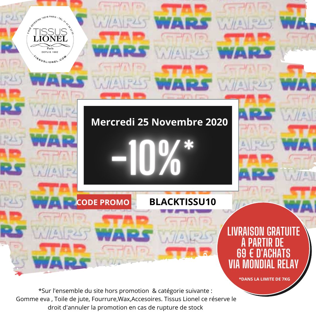 Découvrez notre offre  du Black Friday🇨🇵 #Tissus lionel 10 % de réduction sur l'ensemble* du site rendez-vous sur buff.ly/2HQN9OO ou rendez-vous tout les jours à 9h sur cette page pour découvrir une nouvelle offre jusqu'au 29 Novembre 2020.  #Marvel #Disney