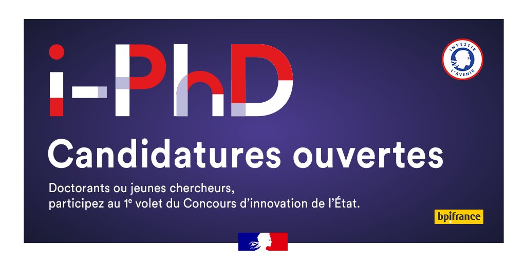 Bpifrance (@bpifrance) on Twitter photo L'appel à candidature du volet i-PhD du #ConcoursInnovation est lancé !
Doctorants et jeunes chercheurs, si vous êtes tentés par une aventure entrepreneuriale, inscrivez-vous pour y présenter vos #Deeptech. 👉 bit.ly/3pYsUlu
<a href="/SGPI_avenir/">Secrétariat général pour l’investissement</a> <a href="/gouvernementFR/">Gouvernement</a> <a href="/sup_recherche/">Ministère Enseignement supérieur et Recherche</a> L'appel à candidature du volet i-PhD du #ConcoursInnovation est lancé !
Doctorants et jeunes chercheurs, si vous êtes tentés par une aventure entrepreneuriale, inscrivez-vous pour y présenter vos #Deeptech. 👉 bit.ly/3pYsUlu
<a href="/SGPI_avenir/">Secrétariat général pour l’investissement</a> <a href="/gouvernementFR/">Gouvernement</a> <a href="/sup_recherche/">Ministère Enseignement supérieur et Recherche</a>