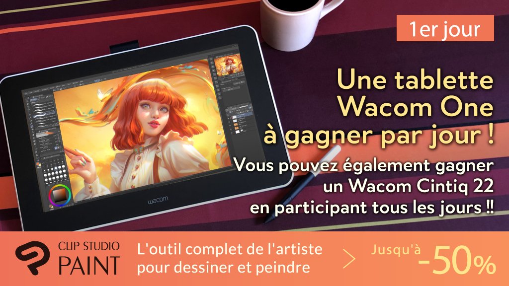 clipstudiopaint's tweet photo. Suivez le compte officiel de CLIP STUDIO PAINT et gagnez une Wacom One en retweetant ce tweet ! Aujourd'hui, c'est 6 chances de gagner ! Gagnez aussi un Wacom Cintiq 22 en participant tous les jours pendant 6 jours ! Détails : https://t.co/2rZ9mVAEPP https://t.co/Z77gGj6tO7