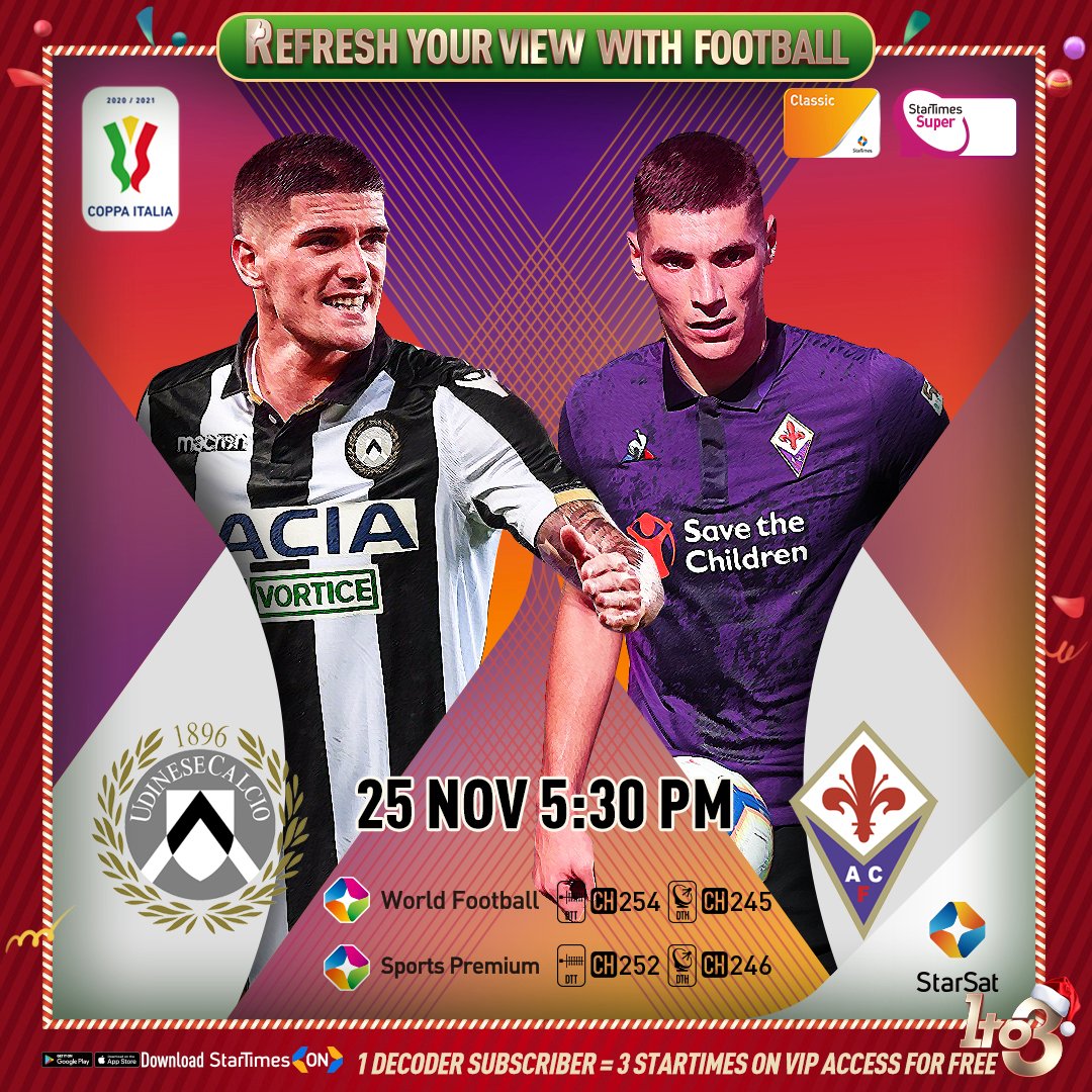 StarTimes_Ng's tweet photo. Are you ready for the fourth round of #CoppaItalia?

Stay tuned to #SportsPremium &amp; #WorldPremium today, Wednesday, 25th November for:
Parma vs Cosenza | 2:30pm
Udinese vs Florentina | 5:30 PM

Torina vs Entella | Thursday, 26th Nov | 2pm

#CoppaItaliaOnStarTimes #StarTimesSports https://t.co/TEpzqihq8P