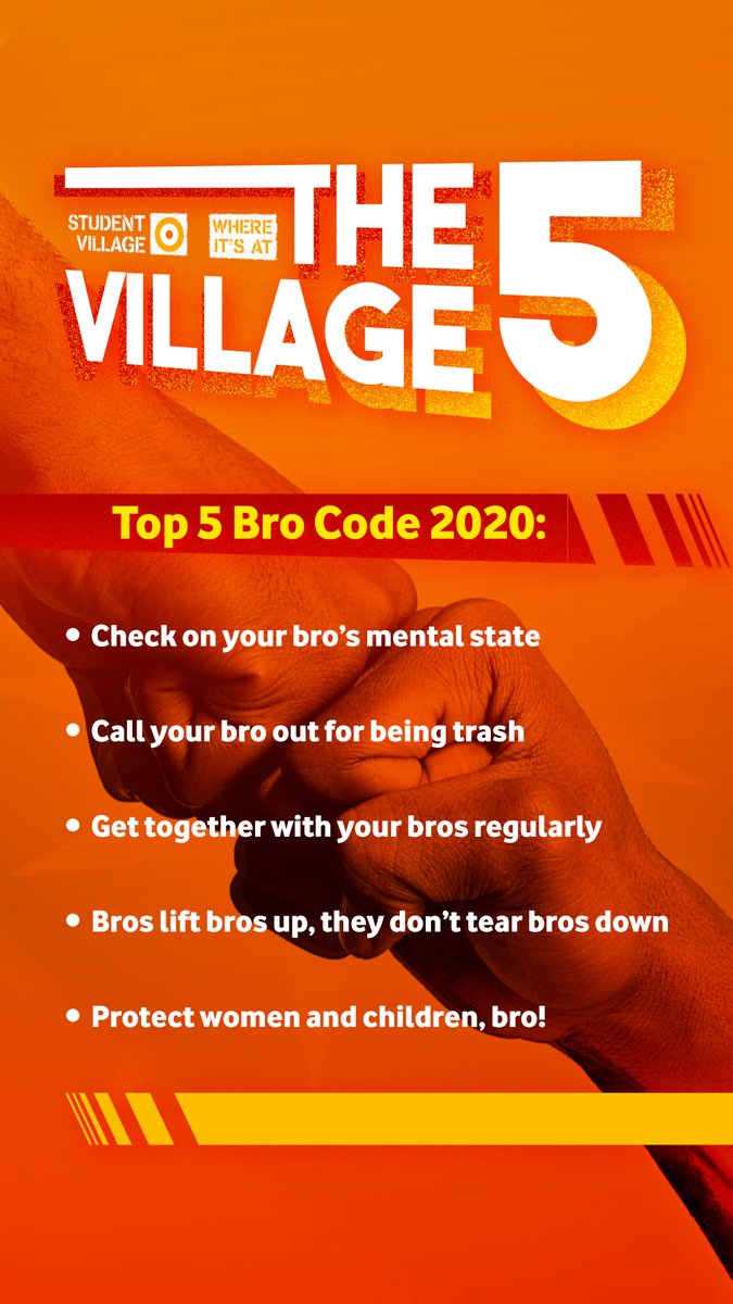 We want to encourage you to be a better BRO! Here are our top 5 new bro code rules for 2020. RT &amp; Like if you're a bro. #challangeaccepted #Village5 #Movember2020 🤜🏿🤛🏽