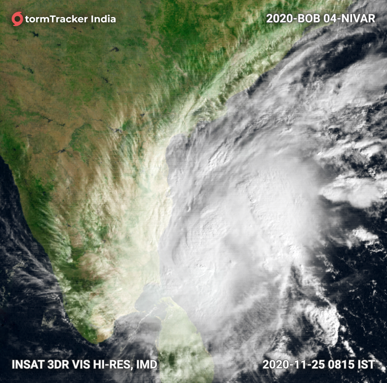 StormTrackerIn's tweet photo. #SevereCyclone #Nivar soon to become a #VerySevereCyclone, currently located about 300 km ESE of #Puducherry #TamilNadu. Max winds are at 110 km/h gusting to 120 km/h. Expected #landfall near Puducherry tonight. #CycloneAlert #NivarCyclone #StayHomeStaySafe #CycloneNivar #Cyclone https://t.co/OD7pNOhyQc