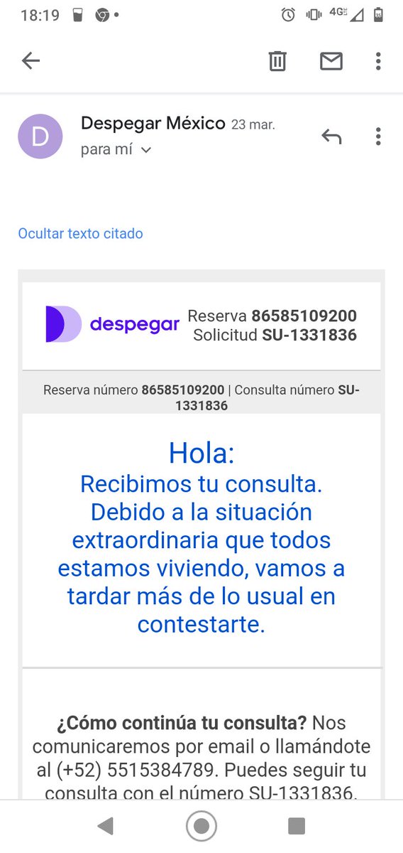 bluebonnet1210's tweet photo. @DespegarMx Señores de @DespegarMx cuando me van a realizar el cambio de mi reservación que tenía con ustedes para el mes de abril y el cual fue solicitado en tiempo y forma? https://t.co/NcbcIgJXvs
