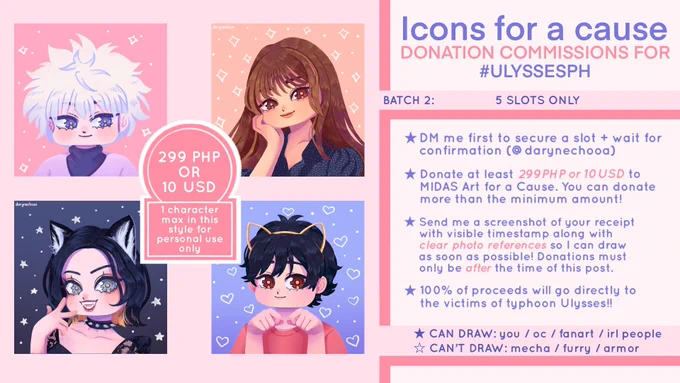 ?? ICONS FOR A CAUSE ??
rt's appreciated!

[ Batch 2 of Donation Comms ]

Donate to our college org and get an icon from me! Fb link and mode of payments provided under the thread. 

Open for 5 slots only!! 
#ArtForACause #commissionsopen #UlyssesPH 