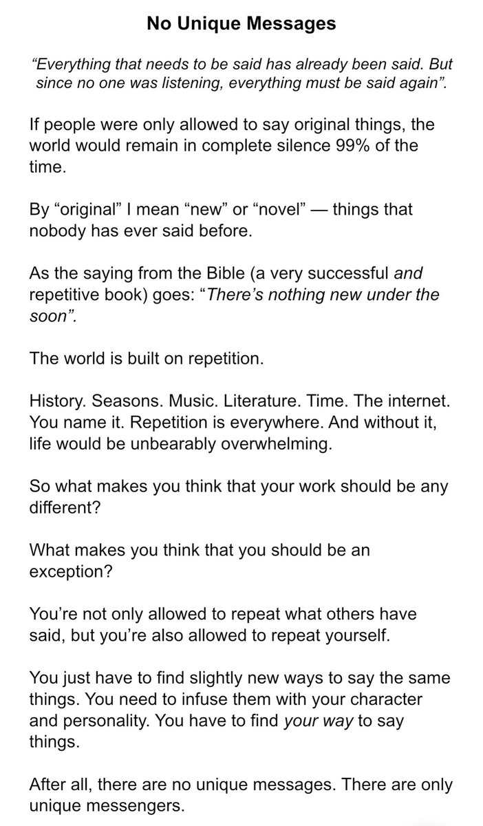 Essay 9 out of 30. This one is called “No Unique Messages”.A reminder that being yourself can be the best way to be original: