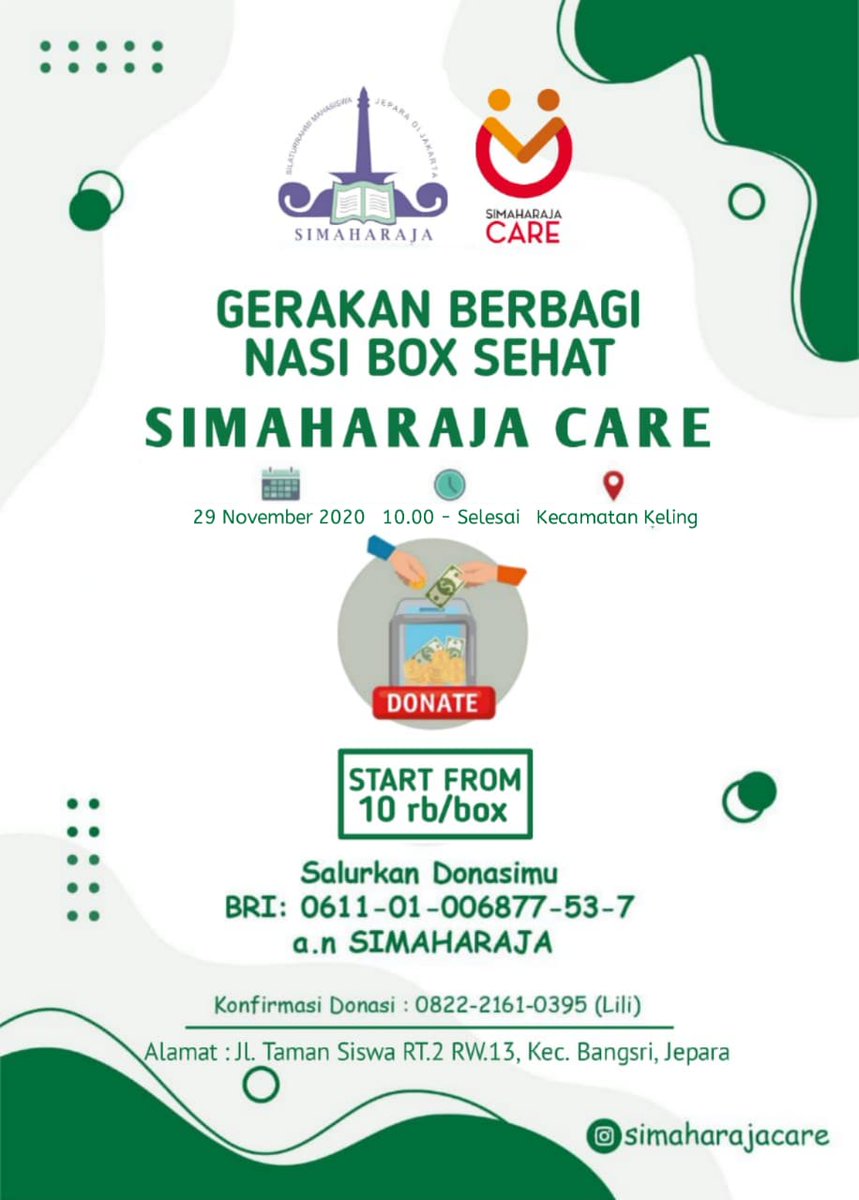 simaharaja's tweet photo. ~Gerakan berbagi nasi box sehat~
"SIMAHARAJA CARE"
.
📅 29 November 2020
🕛 10.00 WIB 
📍 Kecamatan Keling
💸Salurkan donasimu mulai dari 10 ribu/box

@ILoveJepara @jeparakabgoid @Jepara_Twitt https://t.co/g70qxe8L2N