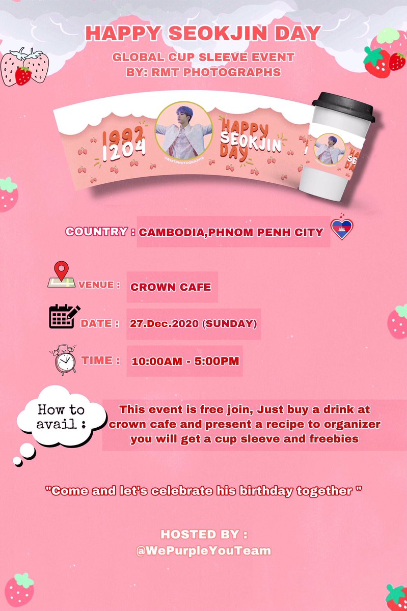 Happy Seokjin Day In Cambodia 🇰🇭
Event by : Master nim <a href="/RMTphotographs/">🌱 rmt</a> 💜 Thank you so much master nim 😘
Hosted by : We Purple You Team 
Date : 27 December 2020 
Location : Crown Cafe 
Time : 10:00am - 5:00pm
Come and Join altogether Cam Army 💕💜