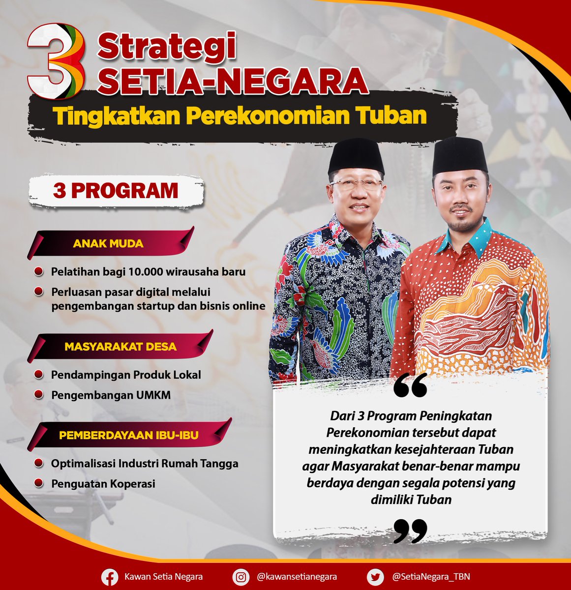 SetiaNegara_TBN's tweet photo. Sebagai upaya dalam meningkatkan perekonomian Tuban, Setia Negara memiliki 3 program utama yang terintegrasi antara anak muda, masyarakat desa, dan pemberdayaan ibu.
Bersama Setia Negara mari kita optimalkan segala potensi untuk bangun dan majukan Tuban Bumi Wali.

#SetiaNegara https://t.co/6AMJbvekQm