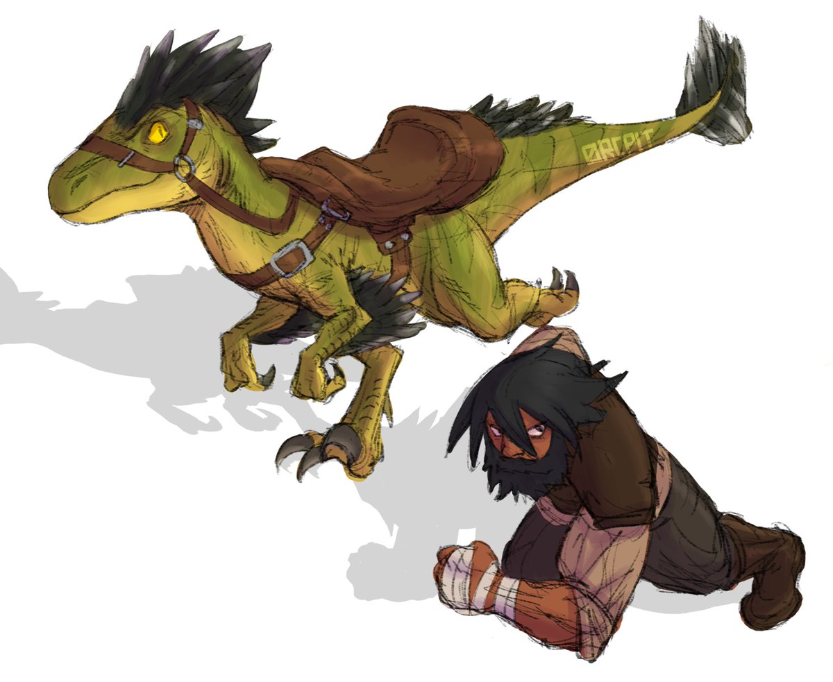 0rcpit's tweet image. Hello, I'm back 😳,  I've been playing ark lately and I can't stop xd, I'll try to draw and post here and there just to get back to the rhythm.
Anyway, I drew my character Gonk and his greedy raptor, Green.
