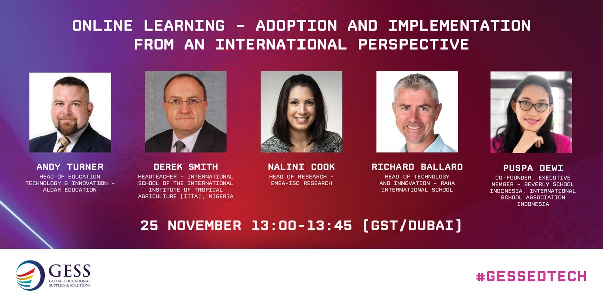 GESSeducation's tweet photo. Gain an international perspective of the challenges both presented and resolved by #EdTech in international school settings over the last 12 months.
13:00-13:45 GST/Dubai
#GESSEdTech
@andyturner32 @Nalini_ISCR @richard1ballard @PAS_PuspaDewi https://t.co/qe3ve6rVmw