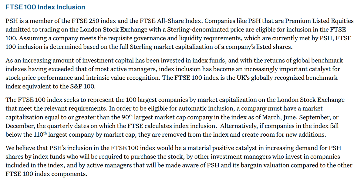 9/PSH is very close to being included in the FTSE 100. This would go a long ways to closing the valuations gap. There are hard set rules and they almost qualify and are working to ensure inclusion. Some might call this a catalyst. idk what you call it though.