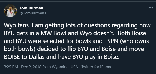 Let's keep the conspiracy going! Wyoming's current AD, Tom Burman, is also on the committee. He was AD when BYU left the MWC and said he wouldn't schedule BYU. Also this little number. I'm not saying, I'm just saying.