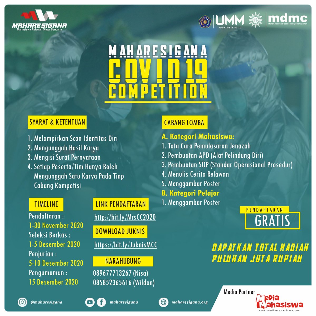 Hi sobat tangguh, yuk tetap produktif &amp; berkembang pada pandemi ini dgn ikut dalam kegiatan Maharesigana Covid-19 Competition (MCC) 2020

Berikut link pendaftaran:
bit.ly/MrsCC202

dan link juknisnya:
bit.ly/JuknisMCC

#MaharesiganaUMM #MCChampionship 
#ummcampus