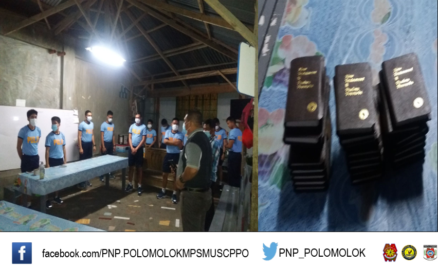 PNP_POLOMOLOK's tweet photo. Rev Bartolome and Rev. Natalio conducted Squad Weekly Interactive Meeting (SWIM) and giving of bible to PSFTP students undergoing Field Training program at this office.
@PNP_CPSM @SouthCotabato 
#PNPPATROLPlan2030
#INSTITUTIONALIZED
#TeamPNP
#WeServeAndProtect
#PNPKakampiMo https://t.co/BF3cpHtYBo