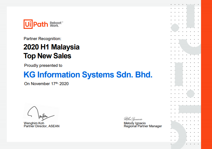 #KGISL has been the most preferred #automation partner for clients in #Malaysia. Winning the 2020 H1 Top Sales recognition from #UiPath is another milestone that stands testament to the trust in our thought leadership &amp; capabilities in the implementation of #RPA &amp; #IA solutions.