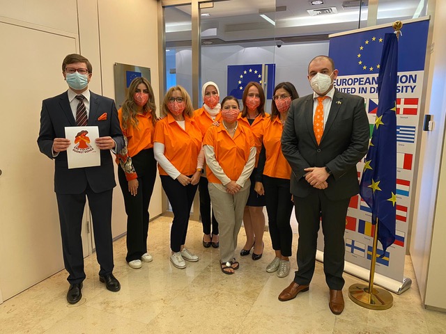 EUinKuwait's tweet photo. The team at @EUinKuwait kicked off this morning the #16DaysofActivism2020 against #GenderBasedViolence and showed their support for a #GenderEqualWorld. #orangetheworld #SpotlightEndViolence #GenerationEquality https://t.co/Hg6rJGLCI8