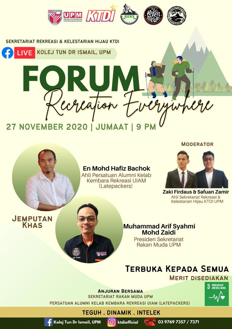 srmupmofficial's tweet photo. [FORUM RECREATION EVERYWHERE ]

Assalamualaikum dan salam sejahtera.

Untuk makluman semua, Sekretariat Rekreasi dan Kelestarian Hijau KTDI UPM akan mengadakan Forum Recreation Everywhere dengan kerjasama Sekretariat Rakan Muda UPM dan Persatuan Alumni Kelab Kembara Rekreasi UIAM https://t.co/bNkO9MTcYX