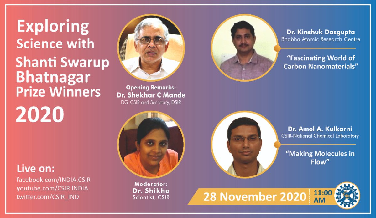 CSIR_IND's tweet image. #PopularScience lectures by Dr Kinshuk Dasgupta, BARC &amp;amp; Dr Amol A Kulkarni @CSIR_NCL, Shanti Swarup Bhatnagar Prize for Science and Technology Winners-2020 (#EngineeringSciences)

28 November 2020, 11.00 a.m. 

@Shekhar_Mande @DAEIndia @PIB_India @IndiaDST @AcSIR_India